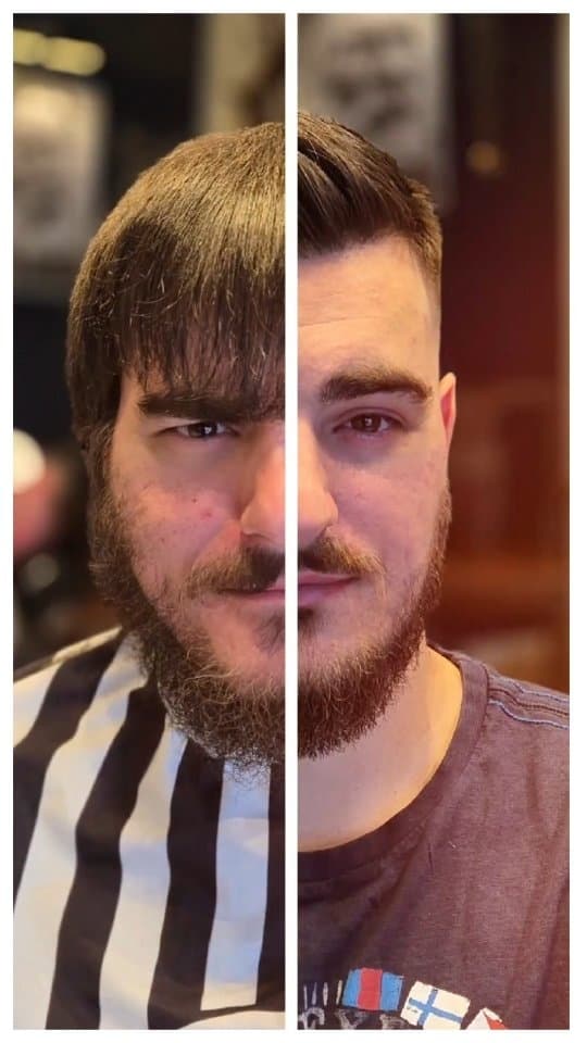 Før og etter en hårbehandling hos Old Sailor Barbershop